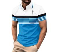 Work Polo Shirts for Men Christian Faith Jesus Cross Stripe Print Golf Tshirts with Pocket Causal Button Down Work T-Shirts(Sky Blue Pink Polo Shirt Mens,M)