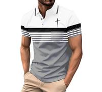 Work Polo Shirts for Men Christian Faith Jesus Cross Stripe Print Golf Tshirts with Pocket Causal Button Down Work T-Shirts(Grey Designer Polo Shirts for Men UK,3XL)