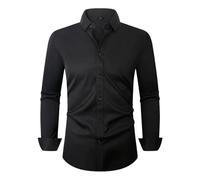 Work Shirts Business Casual Classic Buttoned Placket T-Shirt Lightweight Fashion Solid Color Men's Long Sleeved Shirt L-Black M