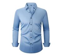 Work Shirts Business Casual Classic Buttoned Placket T-Shirt Lightweight Fashion Solid Color Men's Long Sleeved Shirt C-Blue XXL