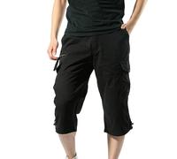 Work Shorts for Men 3/4 Length Cargo Shorts Elastic Waist Zip Pockets Workwear Classic Fit Below Knee Bottoms Plain Colour Utility Short Trousers Summer Mens Hiking Clothes M-5XL