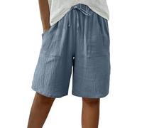 Work Shorts Women Linen Bermuda Shorts Knee Length Elasticated Waist Short Pants Casual Loose Wide Leg Baggy Short Trousers Vacation Summer Beach Capris with Pockets Ladies Bottoms S-3XL