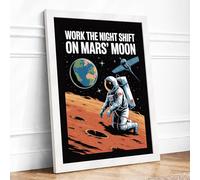 Work the Night Shift on Mars Retro Framed Wall Art Print A3 White