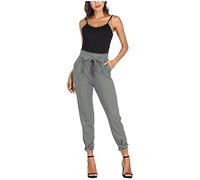 Work Trousers for Women UK Ladies Elegant Office Smart Stretch Suit Pants Solid Petite Cigarette Straight Leg Tailored High Elasticated Waist Tapered Ankle Grazer Slim with Bow Tie Decration Grey