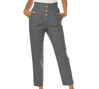 Work Trousers for Women UK Ladies Smart Casual Business Office Cropped Paper Bag Pants Ruffle High Waisted Stretch Slim Fit Tapered Leg Tailored Ankle Grazer Trousers with Pockets Grey