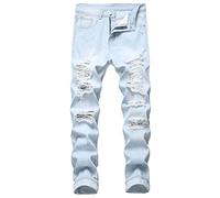 Work Trousers Men Slim Fit Motorbike Jeans for Men UK Retro Classic Ripped Jeans with Pockets Button Zipper Personality Denim Trend Regular Fit Classic Basic Denim Light Blue S