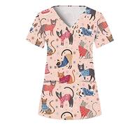 Work Tunics for Women Uniform Short Sleeve V-Neck Dog Grooming Cute Printed Work Tops Care Spa Nail Salons Health Care Uniforms for Women Doctors Graphic Utility Shirt Beauty Tunic Office with Pockets