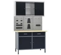 Workbench 120x60x85cm Black/Grey Steel Top Wood-Grain 2 Drawers 500kg w/ Cabinet