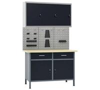 Workbench 120x60x85cm Black/Grey Steel wood-grain top 2 drawers cabinet lockable