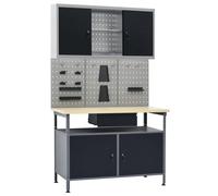 Workbench 120x60x85cm Black/Grey Steel & Wood Top 300kg 2 Lockable Doors &Shelf