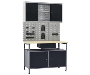 Workbench 120x60x85cm Black/Grey Steel & Wood Top 300kg 2 Lockable Doors &Shelf