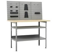 Workbench 120x60x85cm Grey Steel Top 3cm Wood-Grain Top 2 Shelves +3 Wall Panels