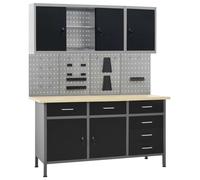 Workbench 160x60x85 cm Black/Grey Steel Top, 6 Drawers & 2 Lockable Cabinets HD