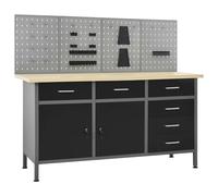 Workbench 160x60x85cm Black Grey Steel Top 6 Drawers 2 Lockable Cabinets 500kg+