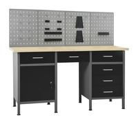 Workbench 160x60x85cm Black Grey Steel top woodgrain 6-drawer + lockable cabinet