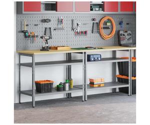Workbench 200x55x85cm Powder-Coated Steel Grey Red 2pcs Shelves Drawers Max480kg