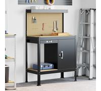 Workbench Black 90 cm Engineered Wood & Metal with Drawer Lock Pegboard Shelves