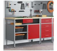 Workbench Heavy-Duty Red Steel & Engineered Wood 100x55x85cm 1 Drawer Shelf Lock