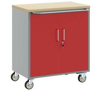 Workbench Red Grey with Wood and Steel 75 x 45 x 85 cm, Workshop Trolley with Drawer, Shelf, Lock and Wheels for DIY Garage Basement, Tool Cabinet Order and Storage