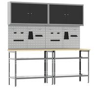 Workbench Set Black Red Powder-Coated Steel 200x55x200cm Heavy Duty Shelves+Lock