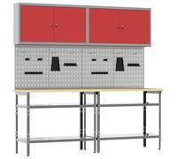 Workbench Set Red & Grey Powder-Coated Steel 200x55x200cm Heavy Duty With Locks