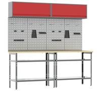 Workbench Set Red/Grey Powder-Coated Steel 200x55x200cm Heavy Duty with shelves.
