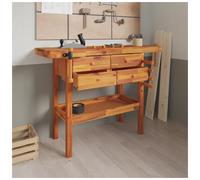 Workbench Solid Acacia Wood 124x52x83cm Natural Finish 1 Drawer Shelf Vices Plus