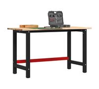 Workbench Solid Oak Top 140x60x81.5 cm Natural Wood Black-Red Metal Powdercoated