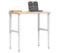 Workbench Solid Oak Top brown, Powder-Coated White Metal Legs, 100x60x73-99.5cm