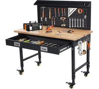 Workbench with Pegboard and Wheels, 72-100cm Adjustable Height Metal Garage Workbench with Power Outlets & LED Light, 2000Lbs Capacity Heavy Duty Rolling Workstation 122x60cm