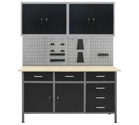 Workbench Work Table with 4 Tool Walls, 2 Wall Cabinets, 6 Drawers, Height Adjustable, Heavy Steel Wood Construction, Ideal for Workshop, Garage, DIY and Hobby Room