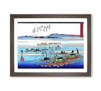 Workers In The River By Utagawa Hiroshige Asian Japanese Framed Print | A4 Walnut Framed Wall Art | Ready to Hang | Asian Landscape Picture | Living Room Bedroom Lounge Office
