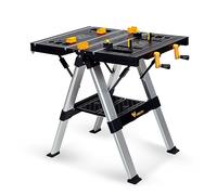 WORKESS Portable Workbench & Sawhorse, 440Lbs/1000Lbs Capacity Heavy Duty Folding Work Table, 21.5"-32.5" Adjustable Height with Clamping System, 2 x 4 Support Arms, Tool Tray for Garage
