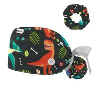 Working Cap with Buttons & Ribbon Tie for Women, Scrub Hats for Nurses, Dinosaur Animal Adjustable Tie Back Hat