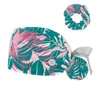 Working Cap with Buttons & Ribbon Tie for Women, Tropical Leaves Scrub Hats for Nurses, Adjustable Tie Back Hat