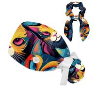 Working Cap with Ponytail Pouch, Cat Pattern Surgical Scrub Hats, Bouffant Cap for Women Long Hair
