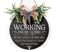 Working From Home Sign for Front Door 12"x12", Please Do Not Knock or Ring Bell Sign with Buffalo Plaid Bow for Decoration Welcome Wreath Funny Working Round Wood Hanging for Home Porch Yard