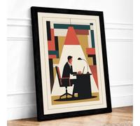 Working Man at Desk Mid Century Framed Wall Art Print A2 Black