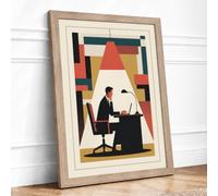 Working Man at Desk Mid Century Framed Wall Art Print A2 Oak