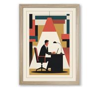 Working Man at Desk Mid-Century Framed Wall Art Print A3 (42×29.7cm) Oak, Wall Decor for Living Room, Bedroom, Office & Home, Ready to Hang, Art Gift