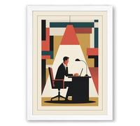 Working Man at Desk Mid-Century Framed Wall Art Print A3 (42×29.7cm) White, Wall Decor for Living Room, Bedroom, Office & Home, Ready to Hang, Art Gift