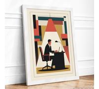 Working Man at Desk Mid Century Framed Wall Art Print A3 White