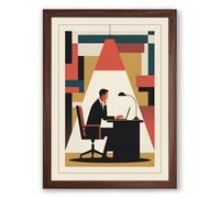 Working Man at Desk Mid-Century Framed Wall Art Print A4 (29.7×21cm) Walnut, Wall Decor for Living Room, Bedroom, Office & Home, Ready to Hang, Art Gift