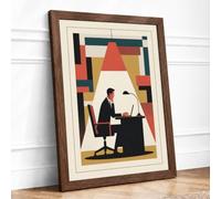 Working Man at Desk Mid Century Framed Wall Art Print A4 Walnut