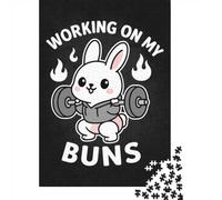 Working On My Buns - Funny Easter Gym Bunny Squat Pun Puzzle for Adults 1000 Pieces, Rabbit Themed Animal Jigsaw, Calm Home Activity, 52x38cm/1000pcs