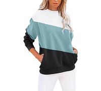 Workout Hoodie Women Sweat Jacket Festival Essentials Women's Round Neck Colorblock Sweatshirt Long Sleeves Casual Pullover Cute Lightweight Loose Tops (GN1-2, L) Sale Clearance