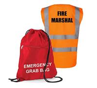 Workplace Emergency Fire Evacuation Kit - Printed Red Documents & Equipment Drawstring Emergency Grab Bag with Hi Visibility Printed Fire Marshal Vest