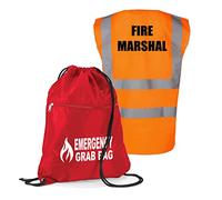 Workplace Emergency Fire Evacuation Kit - Printed Red Documents & Equipment Drawstring Graphic Flame Emergency Grab Bag with Hi Visibility Printed Fire Marshal Vest