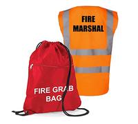 Workplace Fire Evacuation Kit - Printed Red Documents & Equipment Drawstring Fire Grab Bag with Hi Visibility Printed Marshal Vest