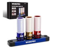 WORKPRO 1/2" Drive Impact Socket Set for Lug Nuts, 3-Piece 17 mm 19 mm 21 mm Protective Wheel Nut Sockets with Rail, Cr-Mo Steel Non-Marring Wheel Socket Set for Car & Tire Repair